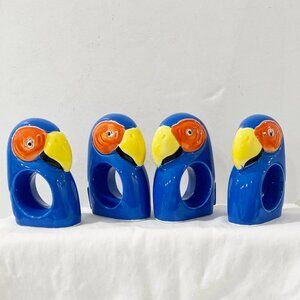 4 Pier 1 Napkin Rings Holders Set Tropical Bird Heads Parrots Macaws Japan New